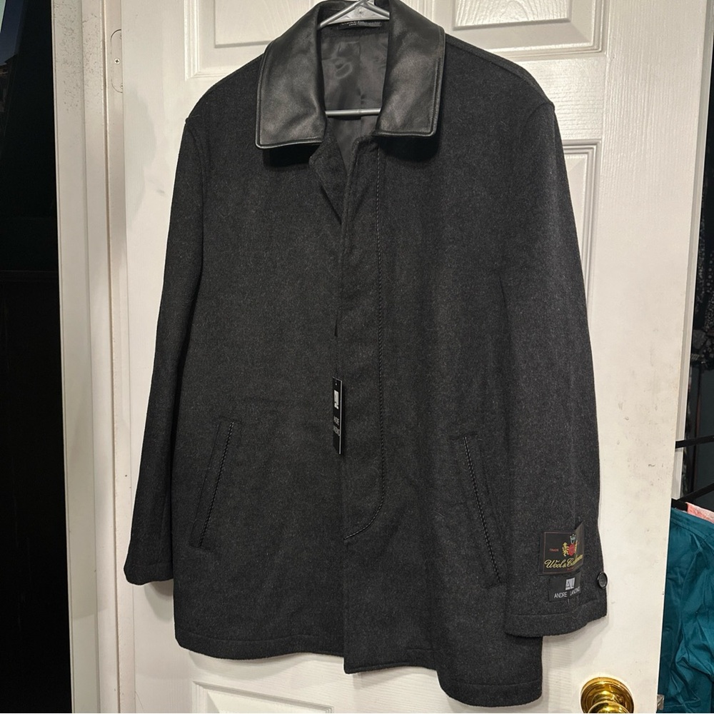 NWT Andre Lanzino 38 Men Wool/Cashmere leather Collar Black Overcoat Coat Jacket